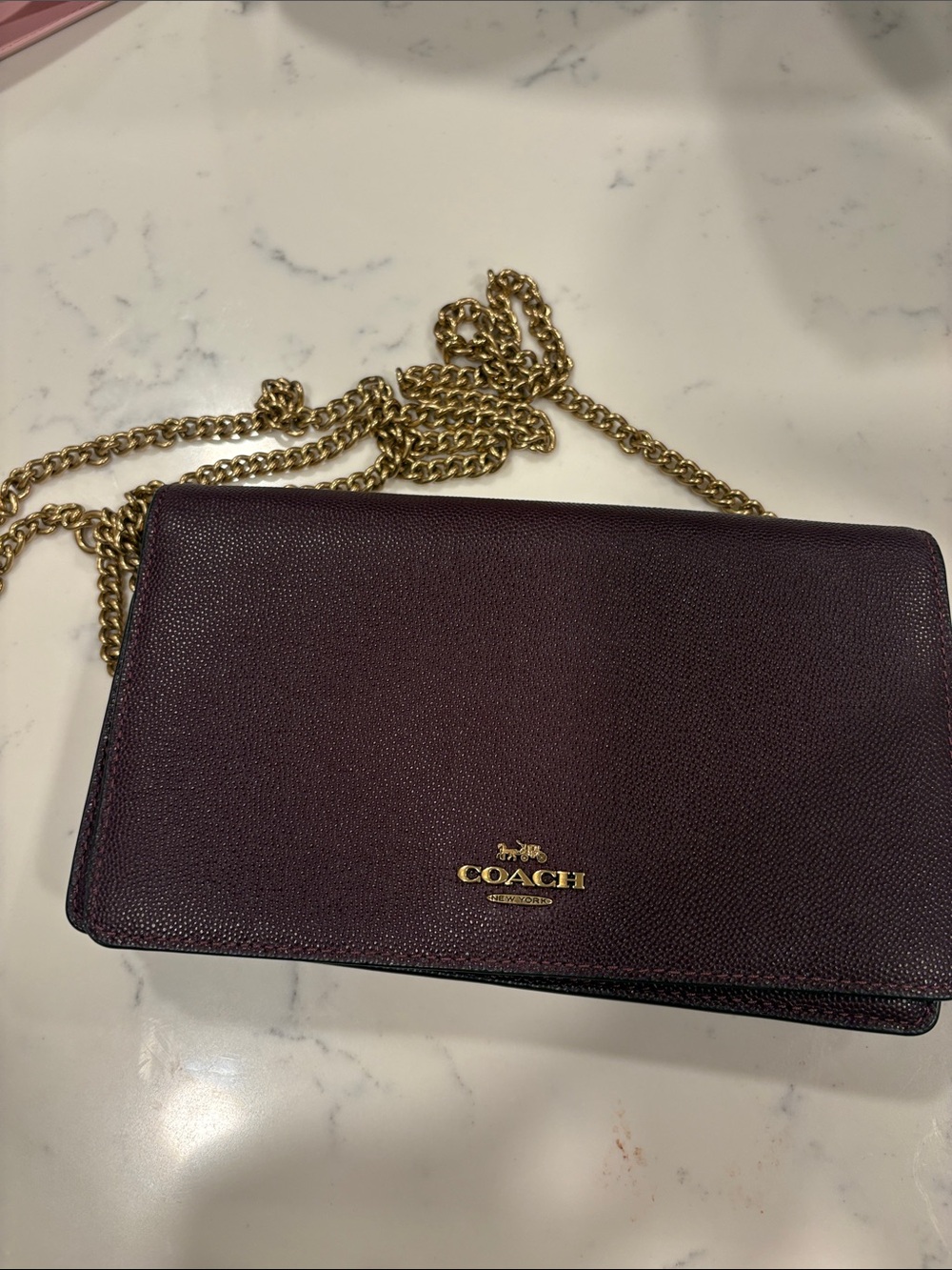Coach Pebbled Leather Crossbody in Deep Plum with Gold Chain